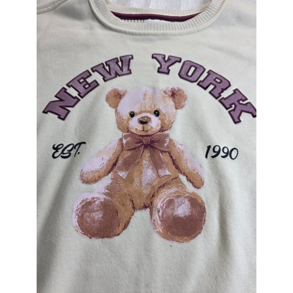 Colorful Planet Kids New York Teddy Bear Sweatshirt Cream Waffle Sleeve L 12 - Picture 3 of 6